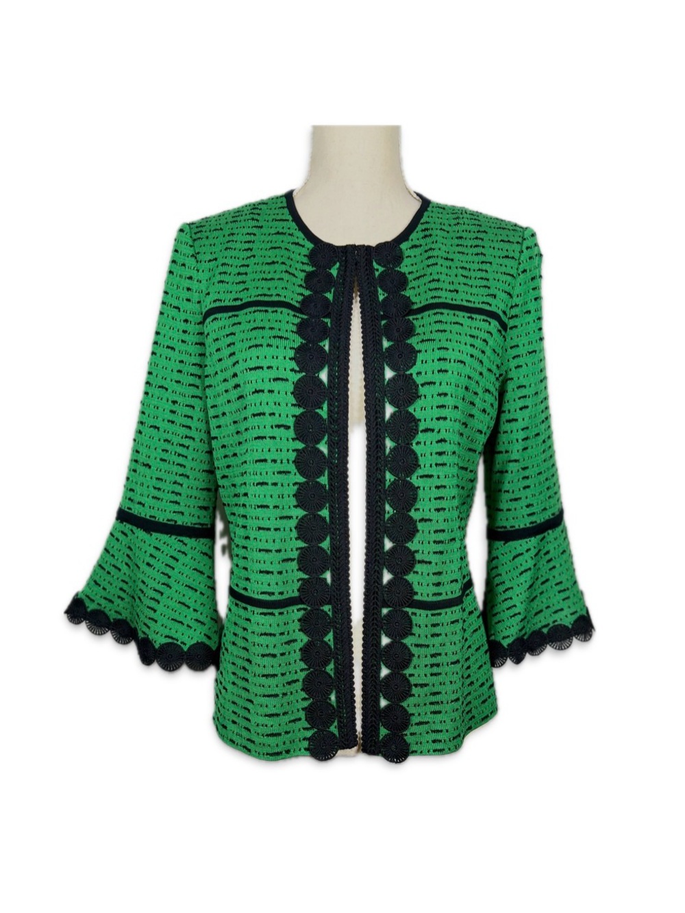 Ming Wang Green Textured Open Front Cardigan Black Trim XS Chic Classic